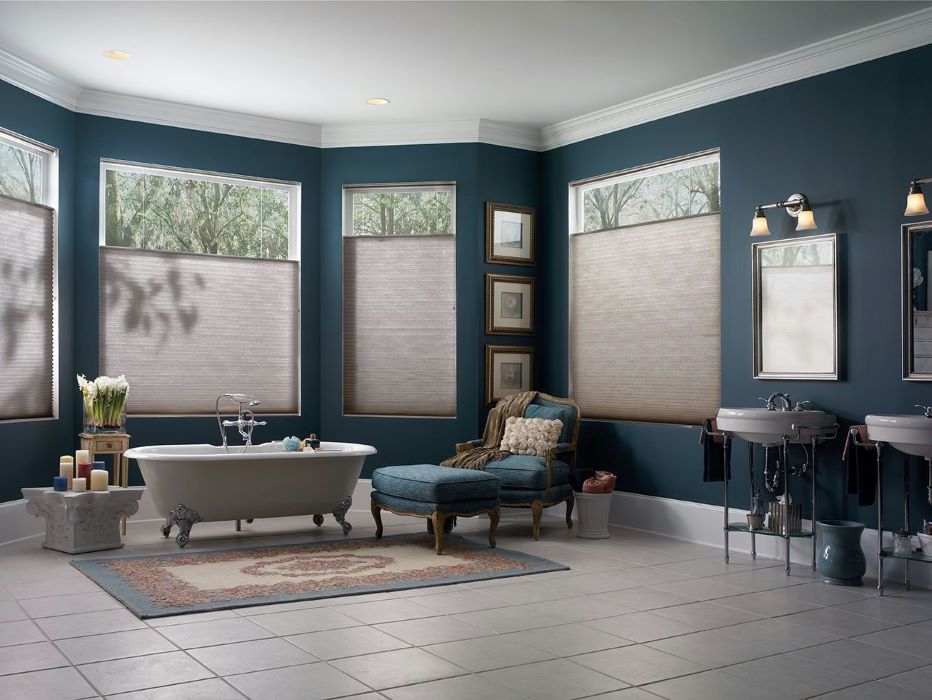 Dark green walls with beige blinds and tub. 